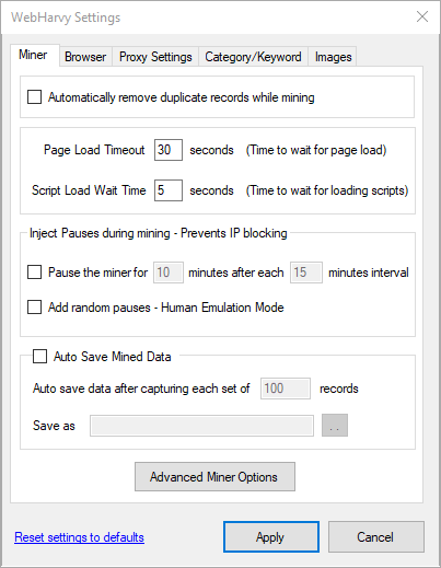 Web Scraper Miner Settings